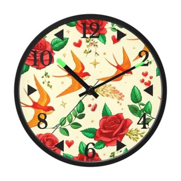 Imagem de STAYTOP Relógio de parede LED de rosas vermelhas e andorinhas para quarto com brilho noturno, relógios de parede silenciosos de 30 cm para decoração de sala de estar, controle de som, relógio de