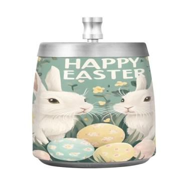 Imagem de STAYTOP Cinzeiro de ovos de Páscoa e coelhos fofos com tampa, bandeja de cinzeiro sem fumaça de aço inoxidável à prova de vento, grande cinzeiro de cigarro ao ar livre para decoração de escritório em