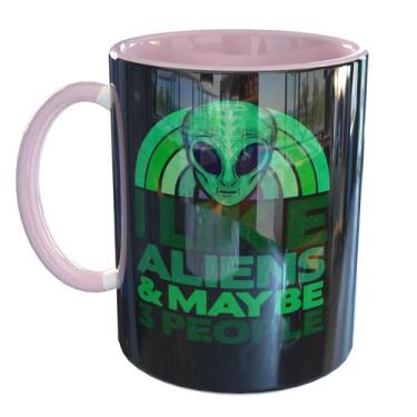 Imagem de Caneca Porcelana Alien I Like Aliens Ufo - Pense Canecas, Rosa claro