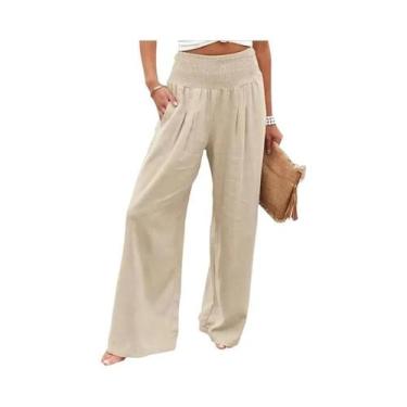 Imagem de Calças Casuais Femininas De Perna Larga Com Cordão Na Cintura Média Es