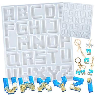 Imagem de FUNSHOWCASE Conjunto de moldes de silicone de resina epóxi com letras do alfabeto de pixel e inicial de chaveiros fundidos, comprimento grande e pequeno de 2 a 4 cm