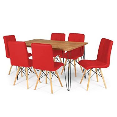 Imagem de Conjunto Mesa de Jantar Hairpin 130x80 Natural com 6 Cadeiras Eiffel Gomos - Vermelho