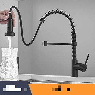 Imagem de Torneiras de cozinha escova torneiras de bronze para pia de cozinha de alavanca única pull out primavera bico misturadores torneira de água quente e fria guindaste, 866053, preto, china