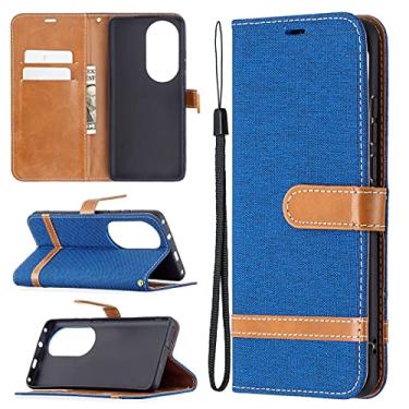 Imagem de HONGYAN Capa de telefone Para Huawei P50 Pro Color Matching Denim Texture Horizontal Flip Capa de Couro Com Holder & Cart Slots & Carteira e Cordão Capa protetora