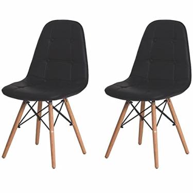 Imagem de Kit 02 Cadeiras para Mesa Sala de Jantar Estofadas Charles Eames Eiffel Botone Com Base de Madeira Pretas