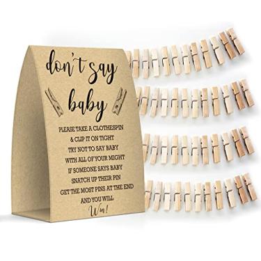 Imagem de Placa Don't Say Baby Kraft, jogos de chá de bebê, decoração de chá de bebê, chá de bebê de gênero neutro, um sinal 5x7 e 50 mini pregadores de roupa - MsJb006