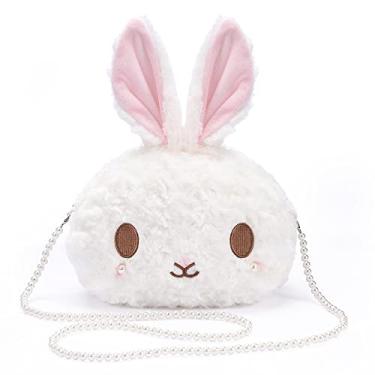 Imagem de Bolsa tiracolo de coelho kawaii, carteiras de coelho de pelúcia de desenho animado, linda bolsa Lolita para mulheres, linda bolsa de animal fofa (corrente de pérola) branca, Branco, 9.8x8.2x1.9inch