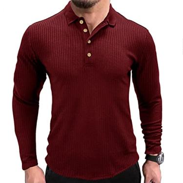 Imagem de NJNJGO Camisetas masculinas com nervuras musculares stretch slim fit manga longa treino camisas polo, Vermelho, XXG