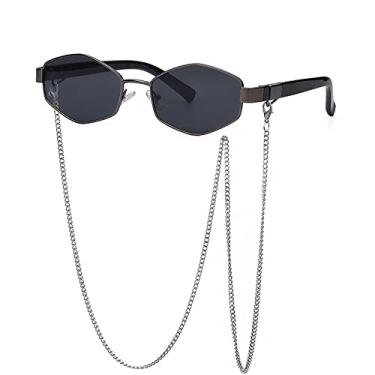 Imagem de Óculos de Sol Feminino Corrente Irregular Quadrado Pequeno Óculos de Sol Feminino Liga Óculos Uv400, Preto Cinza, Sem Estojo