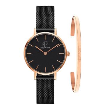 Imagem de Relógio Feminino Minimalista Preto Ultrafino Elegante + Bracelete Casual New Port Banhado Ouro Kit