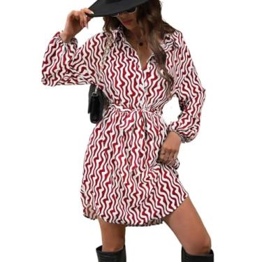 Imagem de Camisa Feminina Red and White All Over Print Lantern Sleeve Belted Shirt Dress (Color : Red and White, Size : CH)