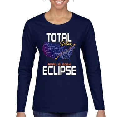Imagem de Total Solar Eclipse Map Camiseta feminina manga longa relógio apenas com óculos de eclipse 8 abril 2024 festa astronomia sol lua, Azul marinho, G