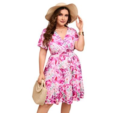Imagem de KOJOOIN Vestido feminino plus size com decote em V, cintura alta, manga curta, babados, casual, verão, midi com cinto, Rosa rosa manga curta, GG
