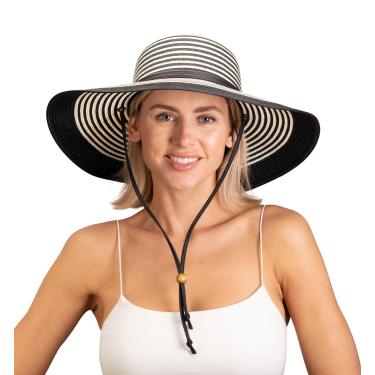 Imagem de Sloggers Chapéu de sol feminino trançado de aba larga com cordão de vento - FPS 50+ proteção solar máxima, Preto, branco, M