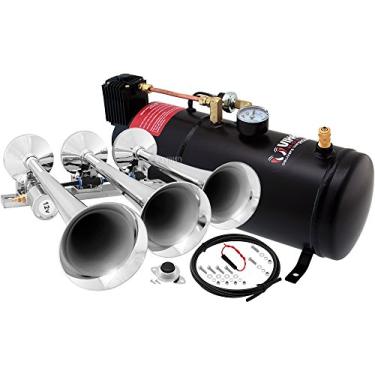 Imagem de Vixen Horns Kit de buzina de trem para caminhões/carro/semitrô. Sistema completo integrado - compressor de ar de 150psi, tanque de 3 galões, 3 trompetas. Super alto dB. Serve em veículos como pickup/Jeep/RV/SUV 12v VXO8210/3118