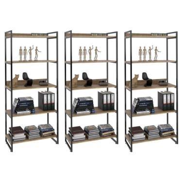 Imagem de Kit 3 Estantes Livreiro Multiuso Prisma 80Cm 5 Prateleiras Carvalho