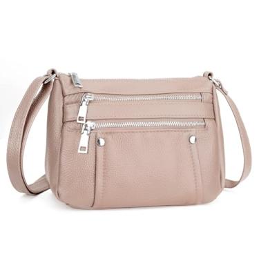 Imagem de befen Bolsa tiracolo de couro genuíno pequena para mulheres, bolsa de ombro, bolsa de ombro com vários bolsos com zíper, Rosa nude, 9.5 inches (W) x 6.5 inches (H) x 3.5 inches (D)