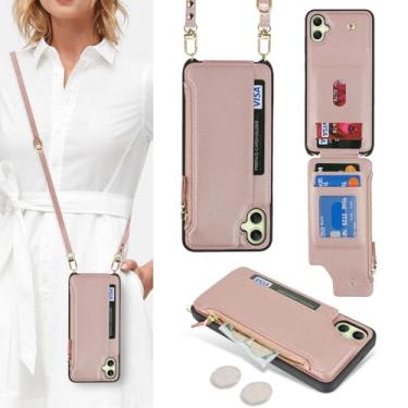 Imagem de Cavor Capa para celular Samsung Galaxy A05 para mulheres, Galaxy A05 capa transversal com alça, bolso com zíper de couro, porta-cartões - ouro rosa