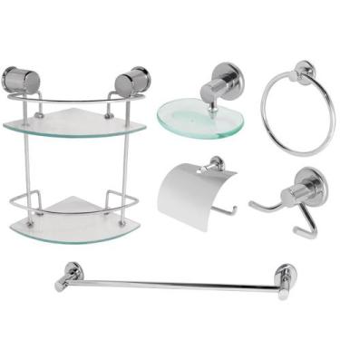 Imagem de Kit Banheiro Inox Porta Shampoo Duplo de Canto Vidro Temperado Linha E