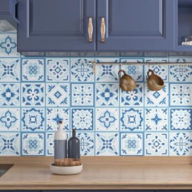 Imagem de Mangoloo Papel de parede Boho Peel and Stick Floral 44,5 cm x 259 cm Papel de parede geométrico azul removível autoadesivo cozinha backsplash parede banheiro Boho papel de contato para armários