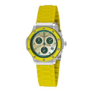 Imagem de Relógio de pulso feminino com cronógrafo Cosmo Girl 180R de 37mm, mostrador branco e pulseira de silicone amarela. Marca Stuhrling.