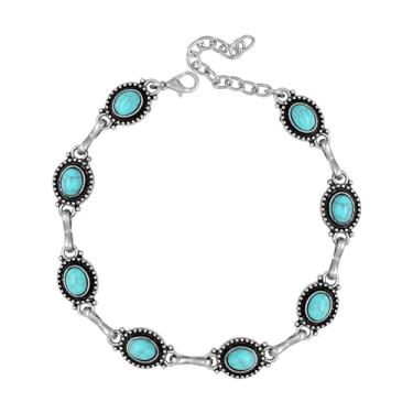 Imagem de MINACHI Tornozeleira de pedra turquesa com sobreposição de prata para mulheres - Tornozeleira com elos ajustáveis e pedras preciosas presentes para ela, Medium, Turquesa sintética, Turquesa criada