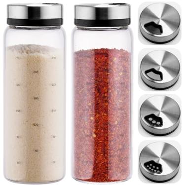 Imagem de NiHome Pacote com 2 coqueteleiras com tampas ajustáveis de aço inoxidável para queijo parmesão, flocos de pimenta, ervas, sal, pimenta, dispensadores de tempero de vidro borossilicato de 293 ml, refil