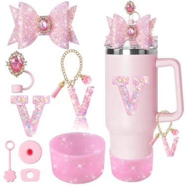 Imagem de XIANGYUAN Conjunto de 8 peças de acessórios rosa brilhante para copo Stanley Cup 850 g 1,134 g com alça, incluindo tampa de cobertura de palha de silicone, tampa à prova de derramamento, pingente de