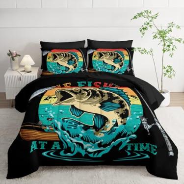 Imagem de Nttopship Conjunto de edredom de peixe lúcio grande, tamanho casal, 7 peças, para meninos e meninas, decoração de quarto de caça, microfibra leve para todas as estações