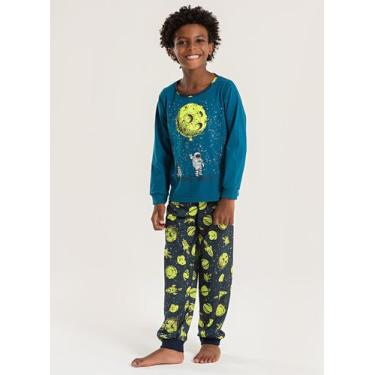 Imagem de Pijama Longo Infantil Menino Azul Blusa e Calça Astronauta Lunar Brilh