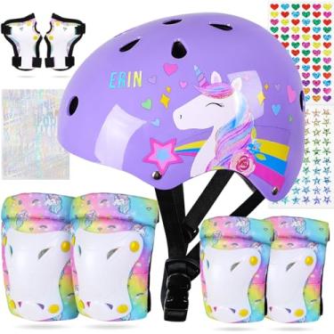 Imagem de FIODAY Capacete de bicicleta infantil, joelheira e cotoveleira, conjunto de equipamento de proteção ajustável com adesivo DIY para meninas de 3 a 5 a 8 anos para skate, patinação em linha, scooter