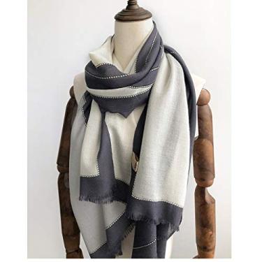 Imagem de FTOQWZXV Cachecol de lã feminino outono e inverno gola branca simples estilo preto e branco padrão geométrico xaile fino uso duplo