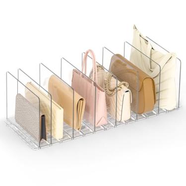 Imagem de SortNStore Organizador de bolsa para armário: divisórias de prateleira ajustáveis para armazenamento de bolsa de mão de acrílico - organizadores de armário de plástico e armazenamento para embreagens