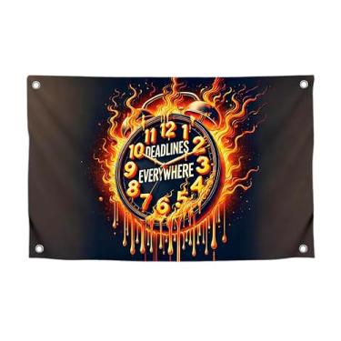 Imagem de Despertador brilhante com bandeira engraçada de 9,5 x 1,5 m com citação "Deadlines Every Where" - Pôster legal de poliéster na parede com quatro ilhós de latão - Faixa de meme de um lado para