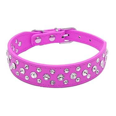Imagem de Pimaodog Coleira para cachorro com strass, strass brilhante couro PU cristal diamante pet cão gato filhote coleira preta P M G GG (P: 20-26 cm, rosa choque)