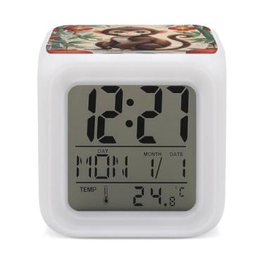 Imagem de RTFGHJS Despertador estilo chinês macaco colorido despertador pequeno visor LED despertador digital relógio compacto relógio eletrônico para quartos cabeceira mesa prateleira tamanho único
