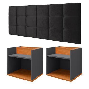 Imagem de Kit 2 Mesinhas Suspensa Madri Cinza/Cinamomo Nicho Divisória Retrô Cabeceira Bia 1,40 Estofado Suede Preto Cama Box Casal Quarto