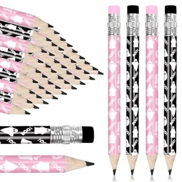 Imagem de Whaline 50 peças, meio lápis fantasma de Halloween com borracha, rosa, preto, boo, fantasma, pré-afiado, lápis de escrita curtos para festa de doces ou travessuras, material escolar, 10 cm