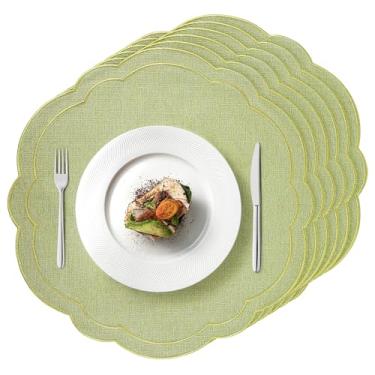 Imagem de Conjunto de 6 jogos americanos verdes de linho de algodão 38 cm bordados, tapetes de mesa florais puros, tapetes de mesa de tecido lavável para casamento, chá de bebê, festa de chá, festival