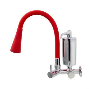 Imagem de Torneira De Cozinha Vermelho Gourmet de Parede Inox Com Filtro Cromado