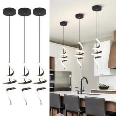 Imagem de Sovinzert Luzes pendentes de LED espirais modernas ilha de cozinha, luminária suspensa de altura ajustável de 22 W lustre preto 5500K para sala de jantar mesa de café, pacote com 3
