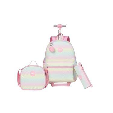 Imagem de kingdisen Wheels Mochila infantil com rodinhas para bagagem primária, mochila escolar com lancheira, conjunto de 3 peças, Rosa PU, Large, Divertido e fofo