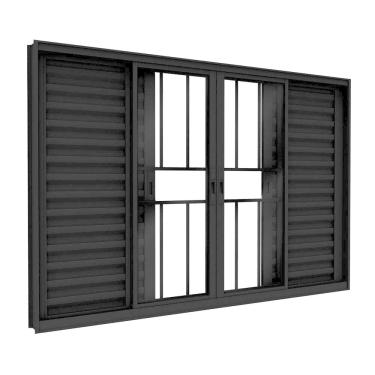 Imagem de Janela Veneziana de Alumínio com Grade 4 Folhas Móveis e 2 Fixas 100x200cm Lucasa Ideale Preto