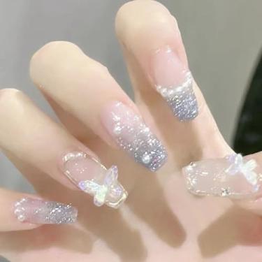 Imagem de POKENGDA Design de unhas postiças acrílicas de caixão, cola de unha incluída, unhas longas super brilhantes, reutilizáveis de acrílico francês, kit de unhas postiças diárias para mulheres