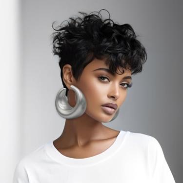 Imagem de Perucas sintéticas curtas de corte Pixie, peruca preta encaracolada, estilo ondulado, sem cola, respirável, resistente ao calor, aparência natural para mulheres negras, uso diário, festa (preto, 15 cm