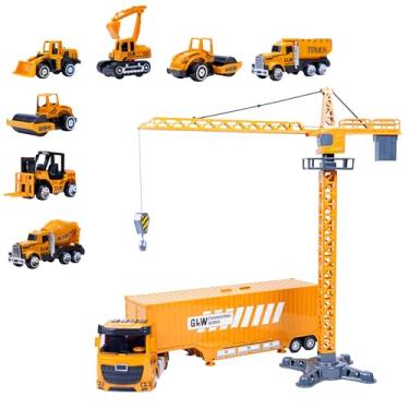 Imagem de Kit Caminhão de Construção com Guindaste 41,5 cm, 8 Veículos Miniatura, Brinquedo Educativo 3+ Anos