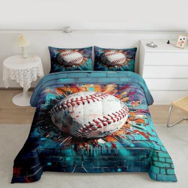 Imagem de Feelyou Conjunto de cama de beisebol macio para meninos e meninas, estilo hippie, graffiti, conjunto de edredom casal para amantes de beisebol, edredom de microfibra, graffiti, decoração de quarto, 3