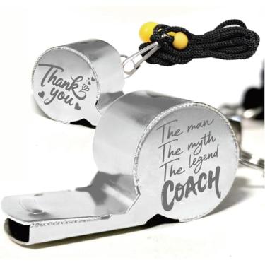 Imagem de CREATCABIN 1 caixa de apitos esportivos de aço inoxidável com cordão, apitos esportivos de metal prateado para treinadores, professores, equipamentos de árbitro alto e claro, gravados para treinamento