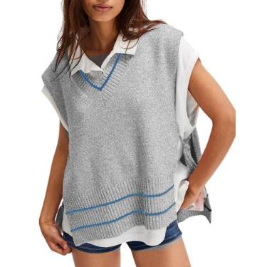 Imagem de Colete feminino Meyhad, decote em V, malha solta, poncho, cinza, taman
