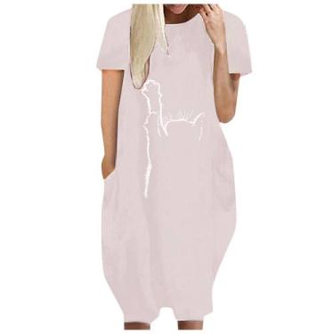 Imagem de Moda Feminina Loose Love Print O-neck Bolsos Casual Vestido de mangas 